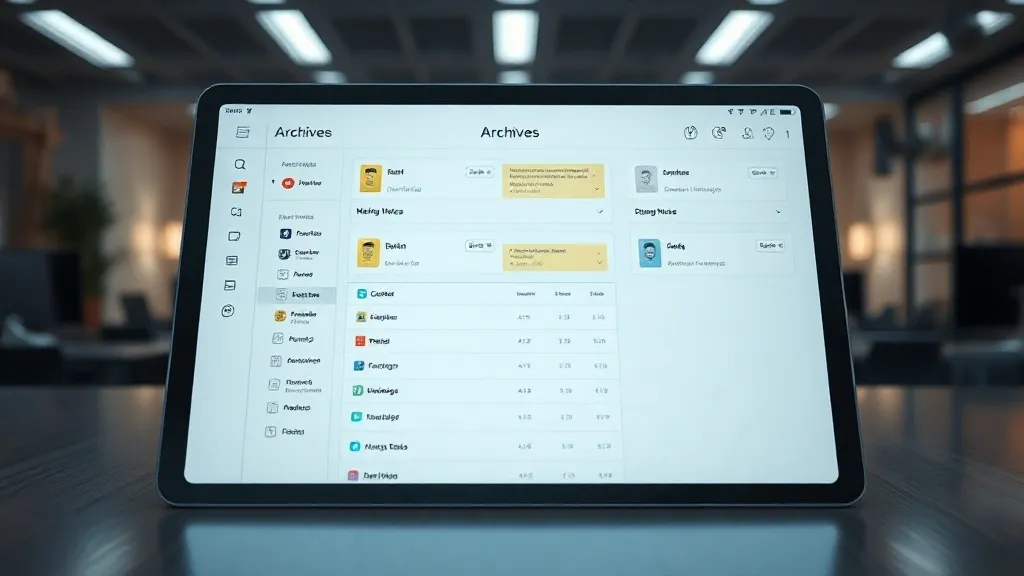 A clean, futuristic digital archive interface showing organi