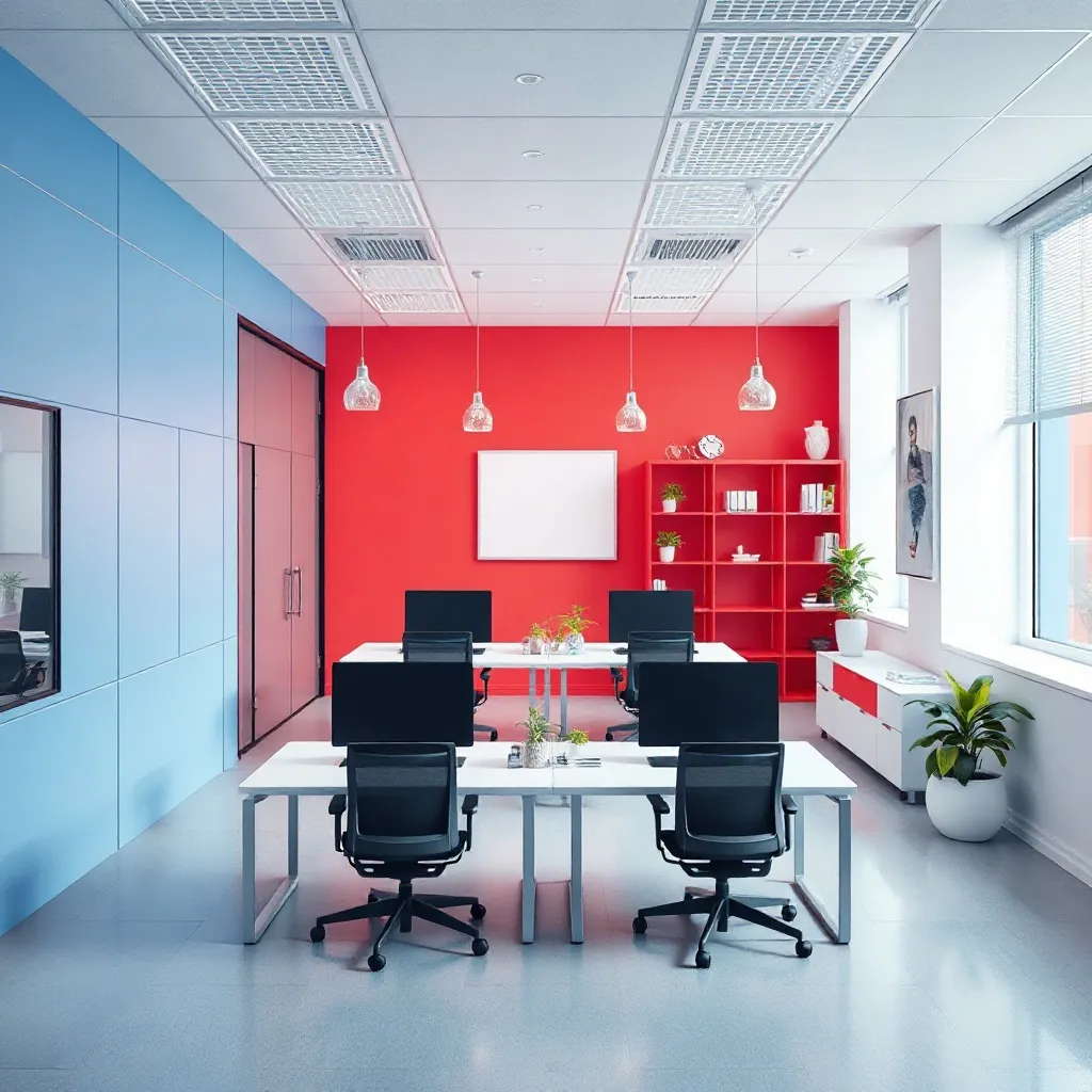 Professional clean office interior, isometric style, blue an
